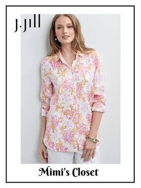 J.JILL LOVE LINEN Floral Sea Coral and Turtles Print Button Front Shirt -  XL